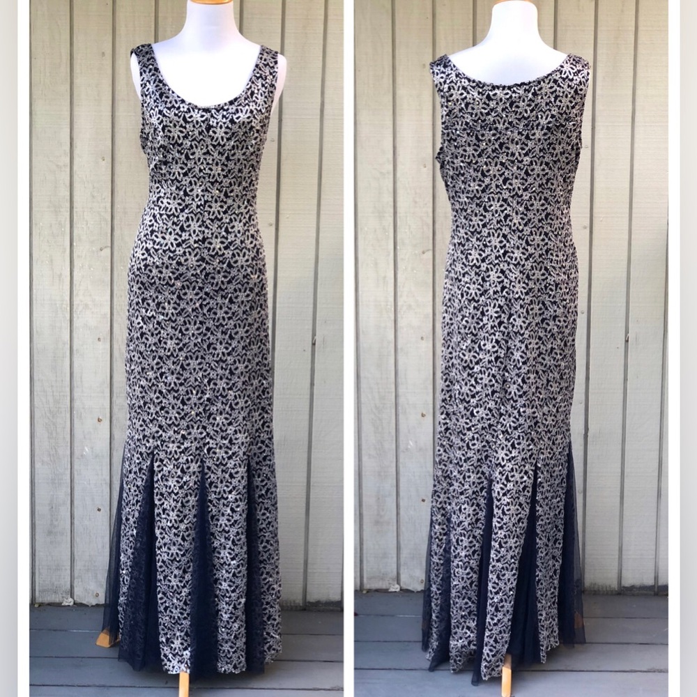 Candalite Metallic Rhinestone Mermaid Floral Lace Sleeveless Navy Evening Gown L